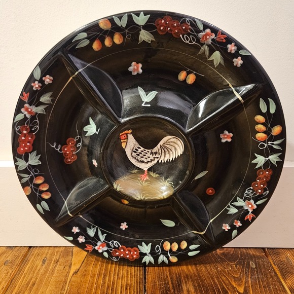 Unmarked Other - Vintage Rooster Divided Serving Platter Hand Painted Black Floral‎ Farmhouse 13"